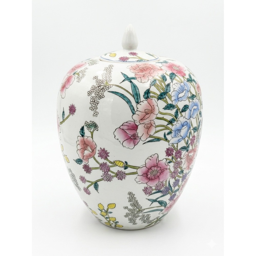 WBI Vtg Chinese Porcelain Ginger Jar Hand Painted Floral Pink Blue White Lid